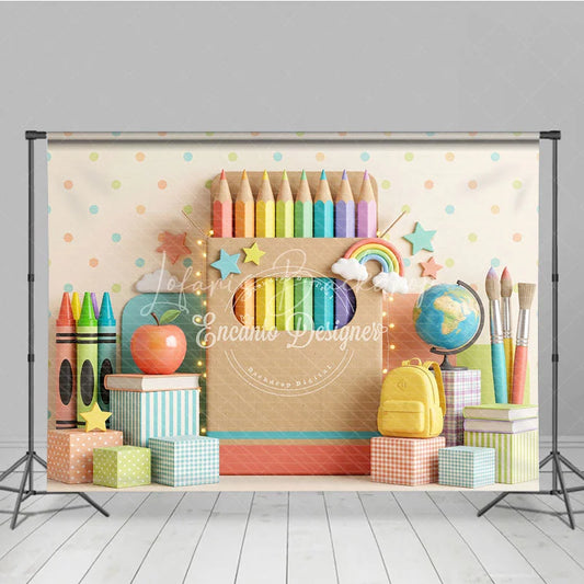 Lofaris Colorful School Theme Photography Backdrop featuring Pencils Crayons Apple and Books for Kids
