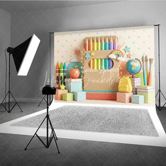 Lofaris Colorful School Theme Photography Backdrop featuring Pencils Crayons Apple and Books for Kids