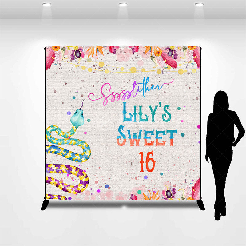 Lofaris Colorful Snake Floral Sweet 16 Custom Name Backdrop