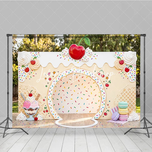 Lofaris Colorful Sprinkles Ice Cream Sundae Photography Backdrop with Red Cherry and Macarons Sweet Dessert Party Decor