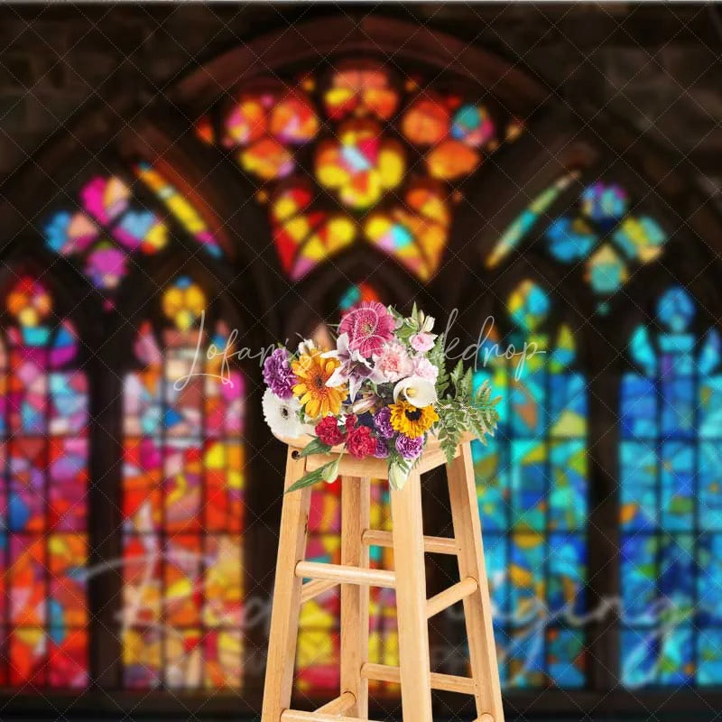Lofaris Colorful Stained Glass Window Photography Backdrop Vibrant Church Architecture Background Religious Spiritual Photo Prop