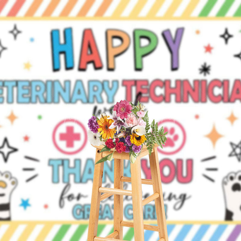 Lofaris Colorful Stripe Paw Print Happy Vet Tech Week Backdrop