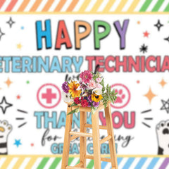 Lofaris Colorful Stripe Paw Print Happy Vet Tech Week Backdrop