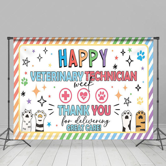 Lofaris Colorful Stripe Paw Print Happy Vet Tech Week Backdrop