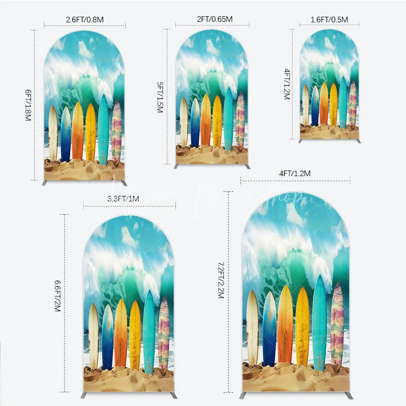 Lofaris Colorful Surfboards on Sandy Beach with Ocean Wave Round Top Arch Backdrop Summer Party Decor