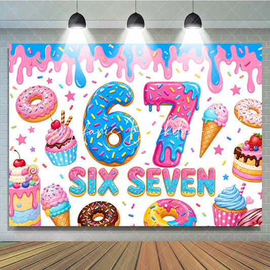 Lofaris Colorful Sweet Candy Donut Seven Birthday Backdrop with Sprinkles and Dripping Icing Party Decor