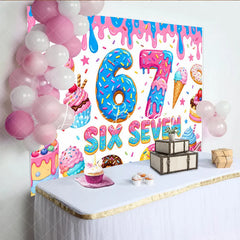 Lofaris Colorful Sweet Candy Donut Seven Birthday Backdrop with Sprinkles and Dripping Icing Party Decor