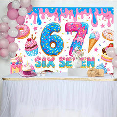 Lofaris Colorful Sweet Candy Donut Seven Birthday Backdrop with Sprinkles and Dripping Icing Party Decor