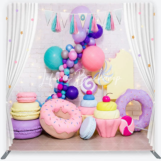 Lofaris Colorful Sweet Shop Candy Land Square Double-Sided Backdrop with Balloons Donuts and Macarons for Birthday Party