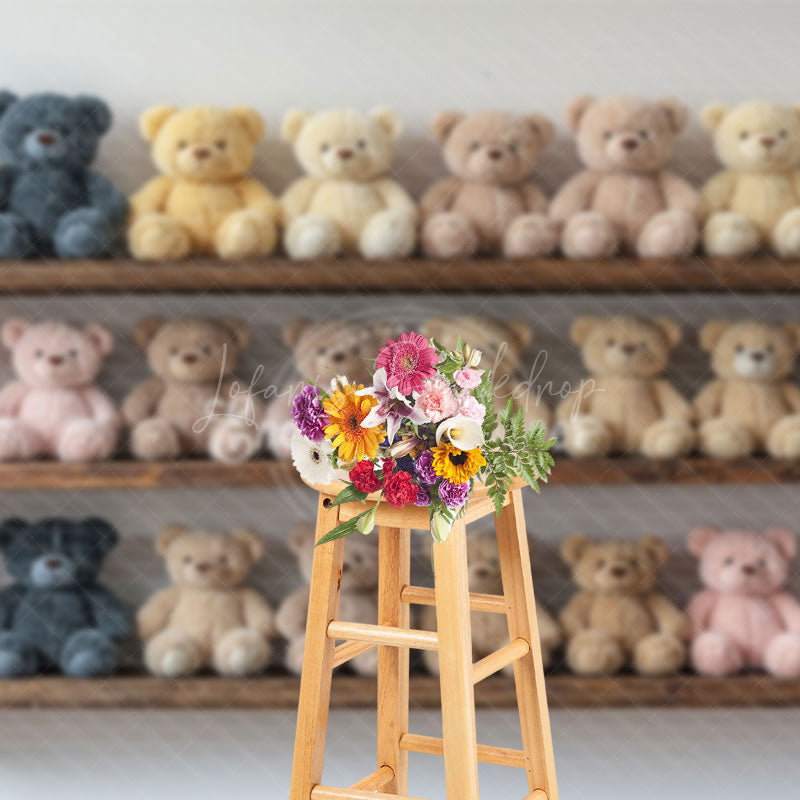 Lofaris Colorful Toy Bears Shelf Cake Smash Photo Backdrop