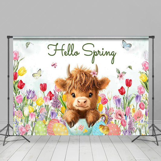 Lofaris Colorful Tulip Cute Cow Hello Spring Easter Backdrop