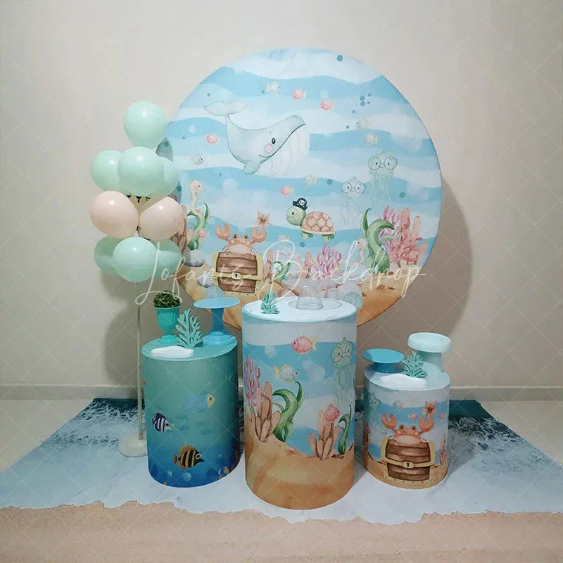 Lofaris Colorful Underwater Ocean Adventure Round Backdrop Kit with Friendly Whale and Pirate Turtle Baby Shower Party Decor