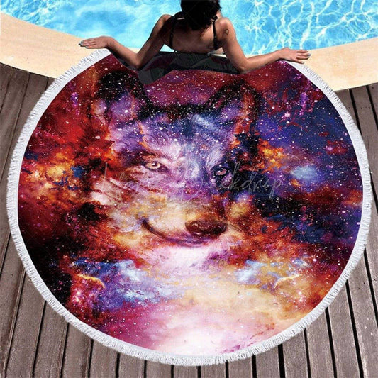 Lofaris Colorful Universe Wolf Pattern Round Beach Towel