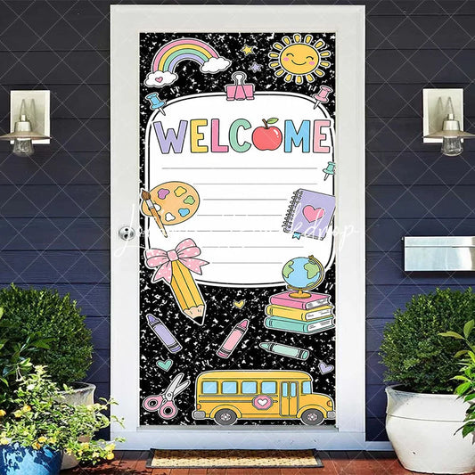 Lofaris Colorful Welcome School Supplies Door Cover featuring Rainbow Sun Books and Bus for Classroom