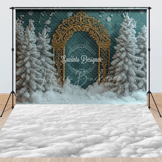 Lofaris Combo Set Backdrop Luxury Teal Wall Gold Arch Winter Snow Floor Background Elegant Christmas Wedding Photo Booth