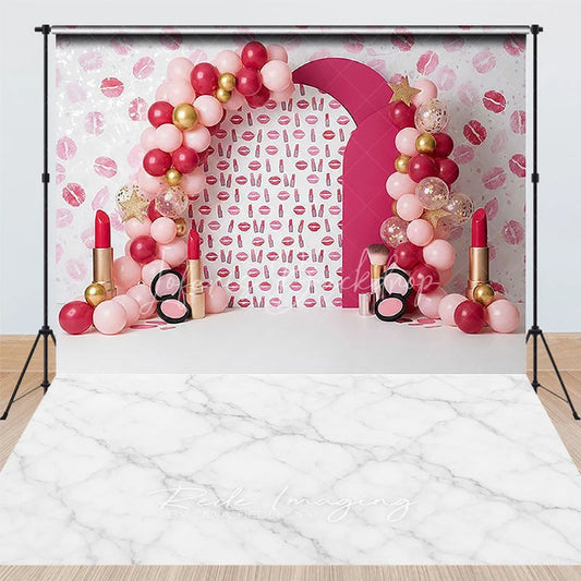 Lofaris Combo Set Backdrop Pink Makeup Theme with Lipsticks and Balloons for Girls Birthday Party Decoration