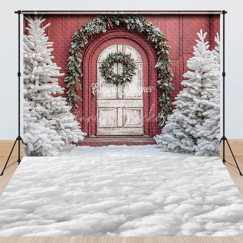 Lofaris Combo Set Backdrop Red Barn Door White Pine Tree Snow Floor Background Rustic Winter Christmas Holiday Photo Booth