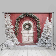 Lofaris Combo Set Backdrop Red Barn Door White Pine Tree Snow Floor Background Rustic Winter Christmas Holiday Photo Booth