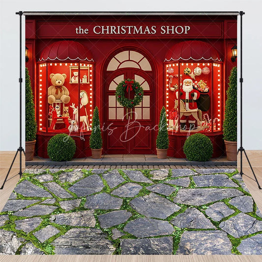 Lofaris Combo Set Backdrop Red Christmas Toy Shop Window Storefront Photography Background
