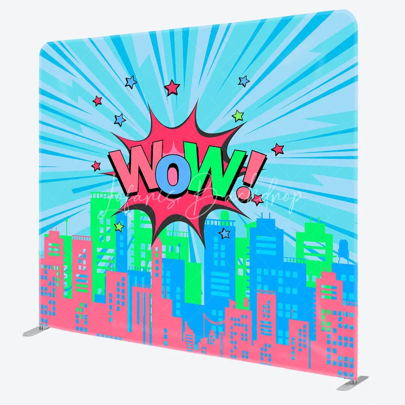 Lofaris Comic City Pop Art Double Sided Backdrop ’WOW!’ Cartoon Buildings Colorful Urban Theme Party Decor