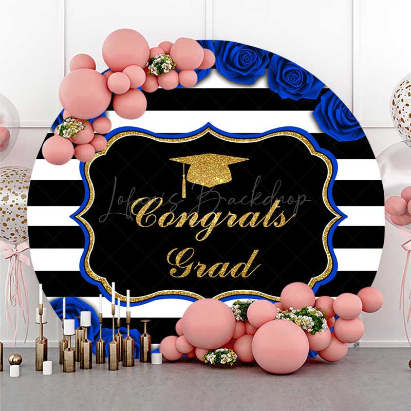 Lofaris Congrats Grad Royal Blue Stripes Round Backdrop