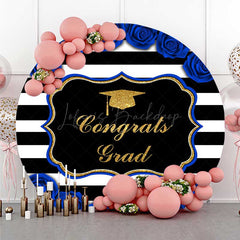 Lofaris Congrats Grad Royal Blue Stripes Round Backdrop