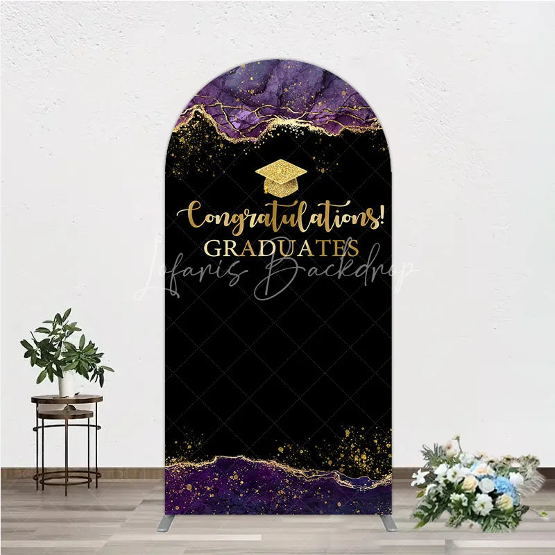 Lofaris Congratulations Graduates Arch Backdrop in Black and Gold Purple Agate with Glitter Elegant Grad Party Photo Booth