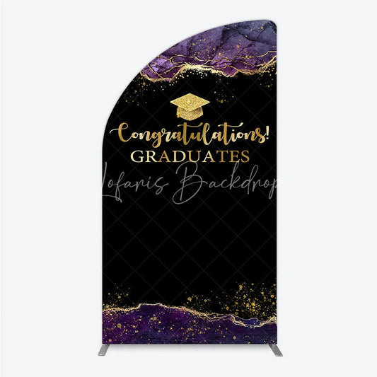 Lofaris Congratulations Graduates Half Moon Arch Backdrop in Black and Gold Purple Agate with Glitter Elegant Grad Party Photo Booth