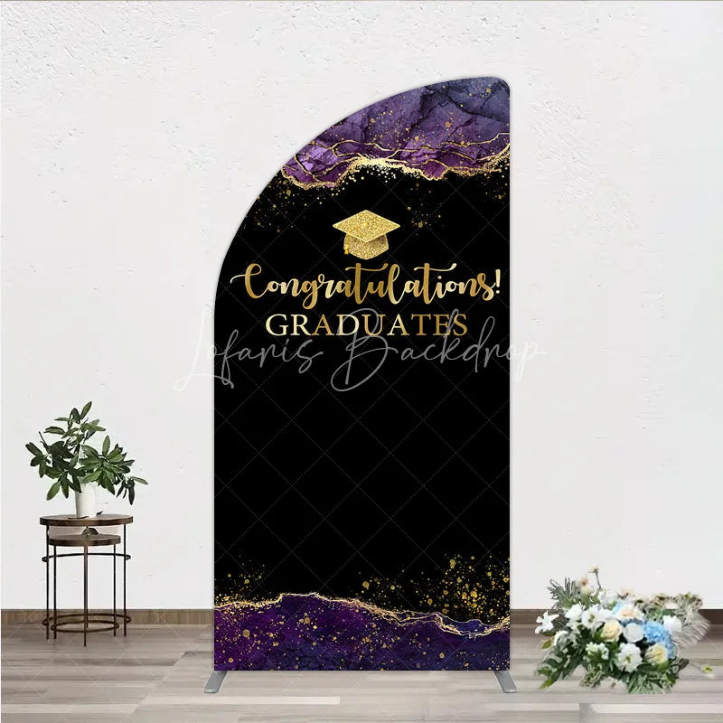 Lofaris Congratulations Graduates Half Moon Arch Backdrop in Black and Gold Purple Agate with Glitter Elegant Grad Party Photo Booth