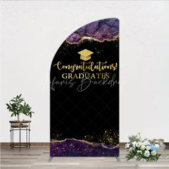 Lofaris Congratulations Graduates Half Moon Arch Backdrop in Black and Gold Purple Agate with Glitter Elegant Grad Party Photo Booth