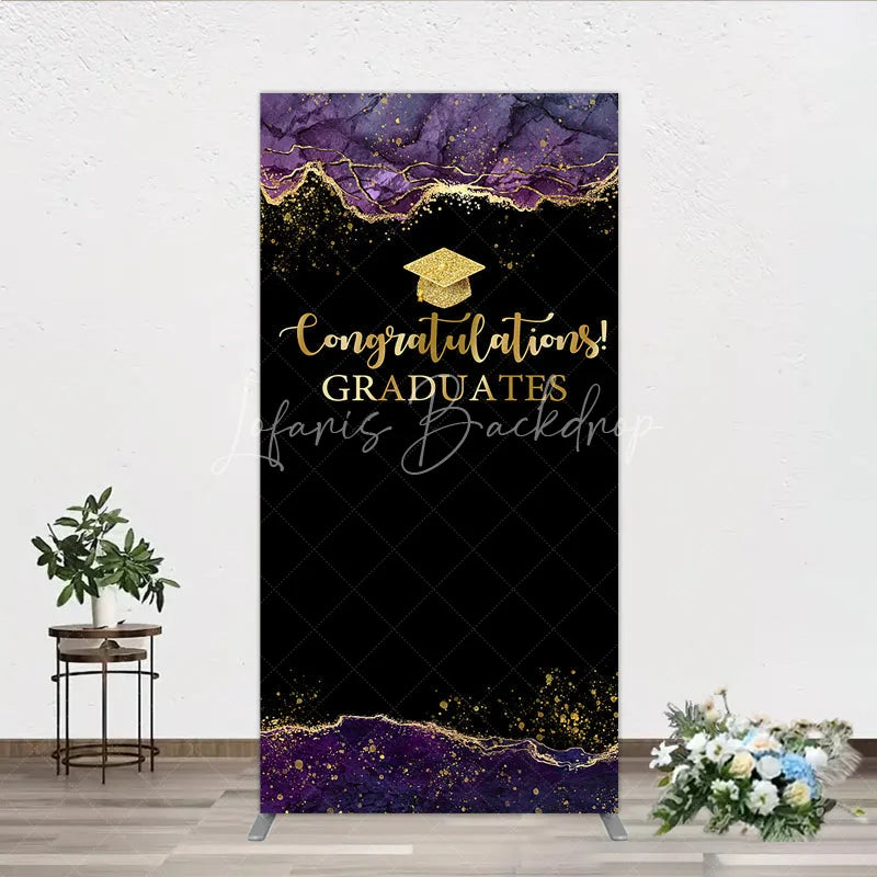 Lofaris Congratulations Graduates Rectangle Backdrop in Black and Gold Purple Agate with Glitter Elegant Grad Party Photo Booth