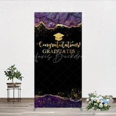 Lofaris Congratulations Graduates Rectangle Backdrop in Black and Gold Purple Agate with Glitter Elegant Grad Party Photo Booth