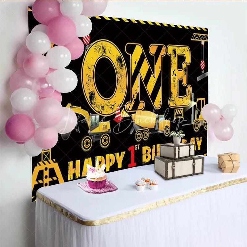 Lofaris Construction 1st Birthday Backdrop ONE Dump Truck Excavator Banner Boys First Party Supplies Photo Prop