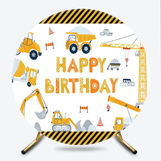 Lofaris Construction Vehicles Happy Birthday Round Backdrop Excavator Crane and Truck Boy Background