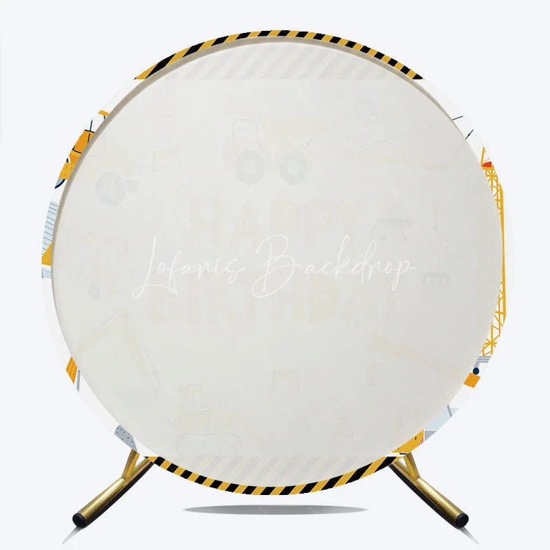 Lofaris Construction Vehicles Happy Birthday Round Backdrop Excavator Crane and Truck Boy Background