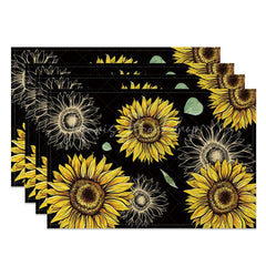 Lofaris Country Style Black Sunflower Set of 4 Placemats for Modern Farmhouse and Rustic Kitchen Decor