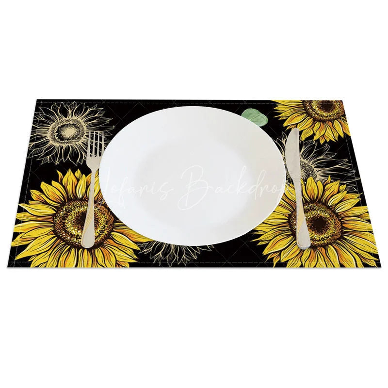 Lofaris Country Style Black Sunflower Set of 4 Placemats for Modern Farmhouse and Rustic Kitchen Decor