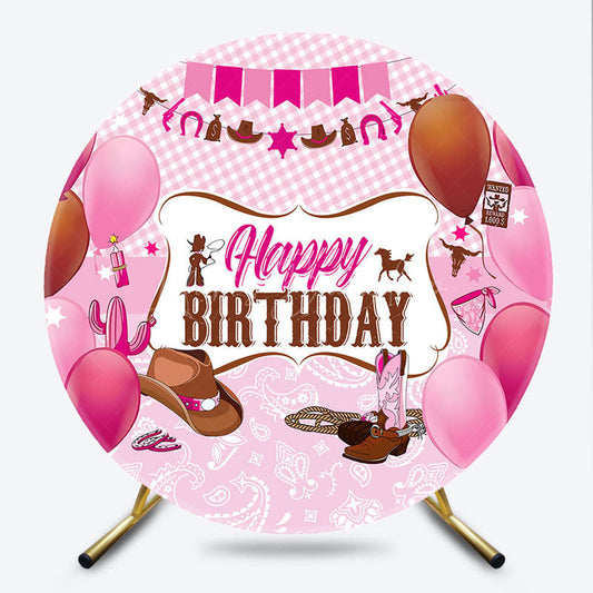 Lofaris Cowgirl Happy Birthday Round Backdrop for Girl Pink Western Theme with Cowboy Boots Gingham Party Decor
