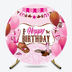 Lofaris Cowgirl Happy Birthday Round Backdrop for Girl Pink Western Theme with Cowboy Boots Gingham Party Decor