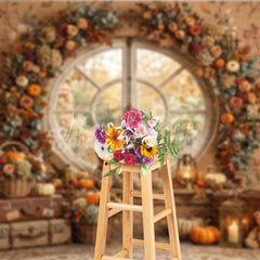 Lofaris Cozy Autumn Round Window Photography Backdrop with Pumpkins Floral Garland and Teddy Bears for Fall Decor