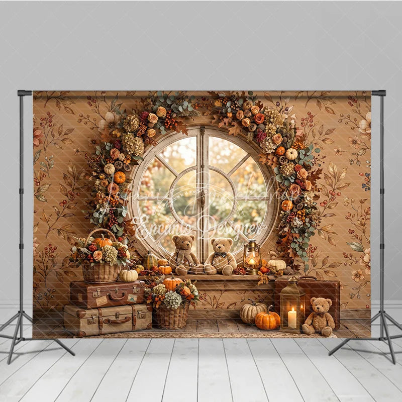 Lofaris Cozy Autumn Round Window Photography Backdrop with Pumpkins Floral Garland and Teddy Bears for Fall Decor