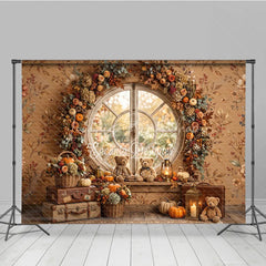 Lofaris Cozy Autumn Round Window Photography Backdrop with Pumpkins Floral Garland and Teddy Bears for Fall Decor