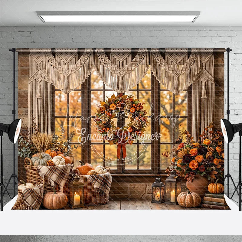 Lofaris Cozy Autumn Window Photography Backdrop with Macrame Valance Rustic Fall Wreath and Pumpkins Decor