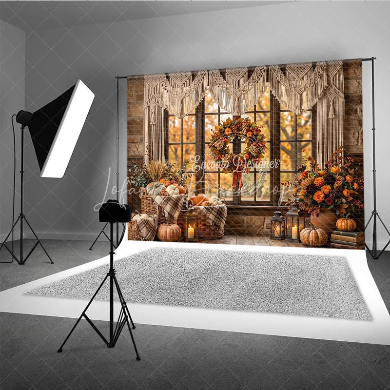 Lofaris Cozy Autumn Window Photography Backdrop with Macrame Valance Rustic Fall Wreath and Pumpkins Decor
