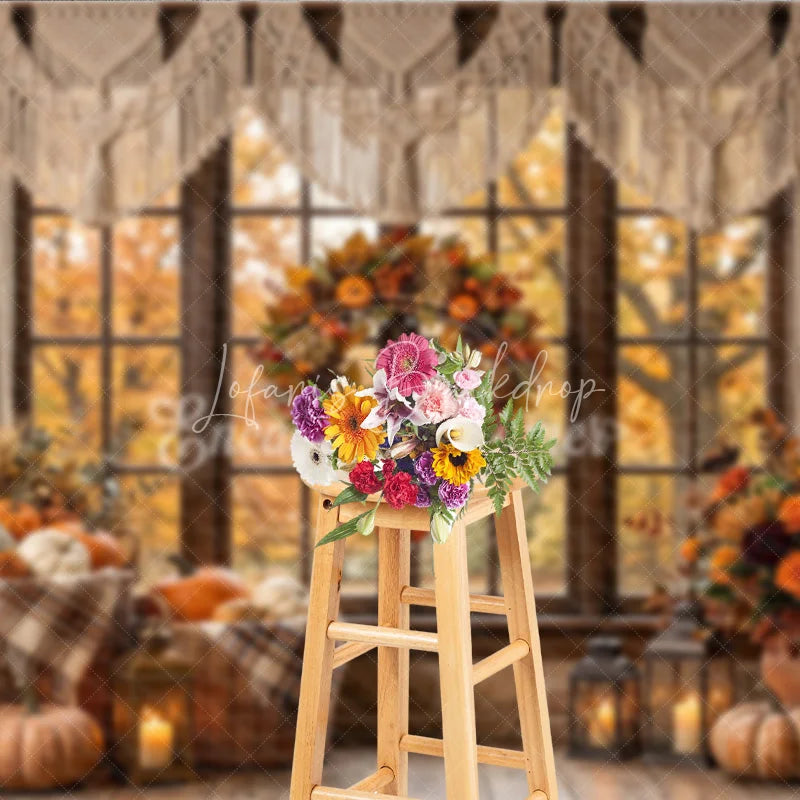 Lofaris Cozy Autumn Window Photography Backdrop with Macrame Valance Rustic Fall Wreath and Pumpkins Decor