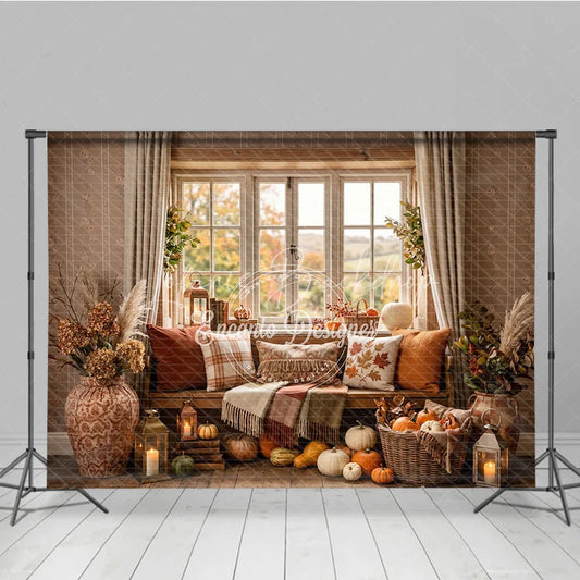 Lofaris Cozy Autumn Window Photography Backdrop with Pumpkins Fall Leaves and Rustic Decor for Harvest Season