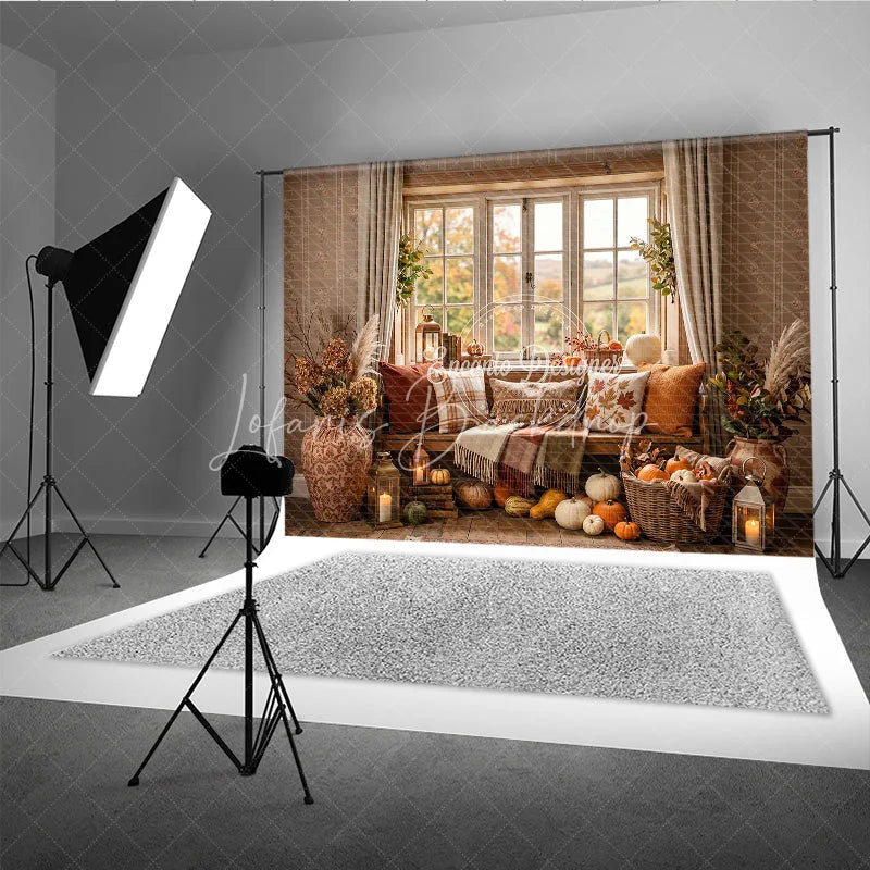 Lofaris Cozy Autumn Window Photography Backdrop with Pumpkins Fall Leaves and Rustic Decor for Harvest Season
