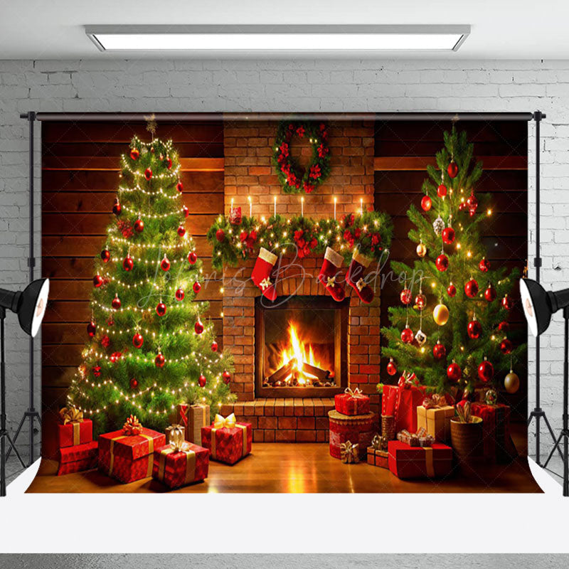 Lofaris Cozy Brick Fireplace Candlelit Christmas Backdrop