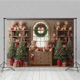Lofaris Cozy Christmas Bookshelf Photography Backdrop Rustic Room with Teddy Bears Holiday Mini Session Background