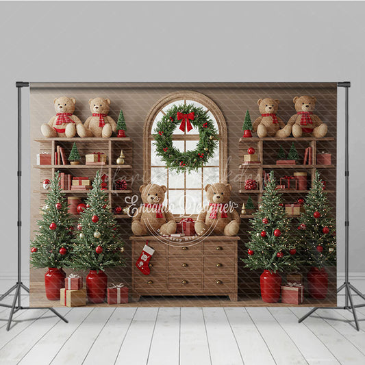 Lofaris Cozy Christmas Bookshelf Photography Backdrop Rustic Room with Teddy Bears Holiday Mini Session Background